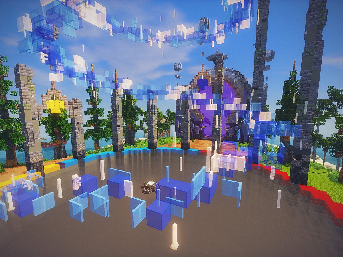 La cupola dello Spawn con il portale viola verso il mondo survival e l'anello nei colori del logo